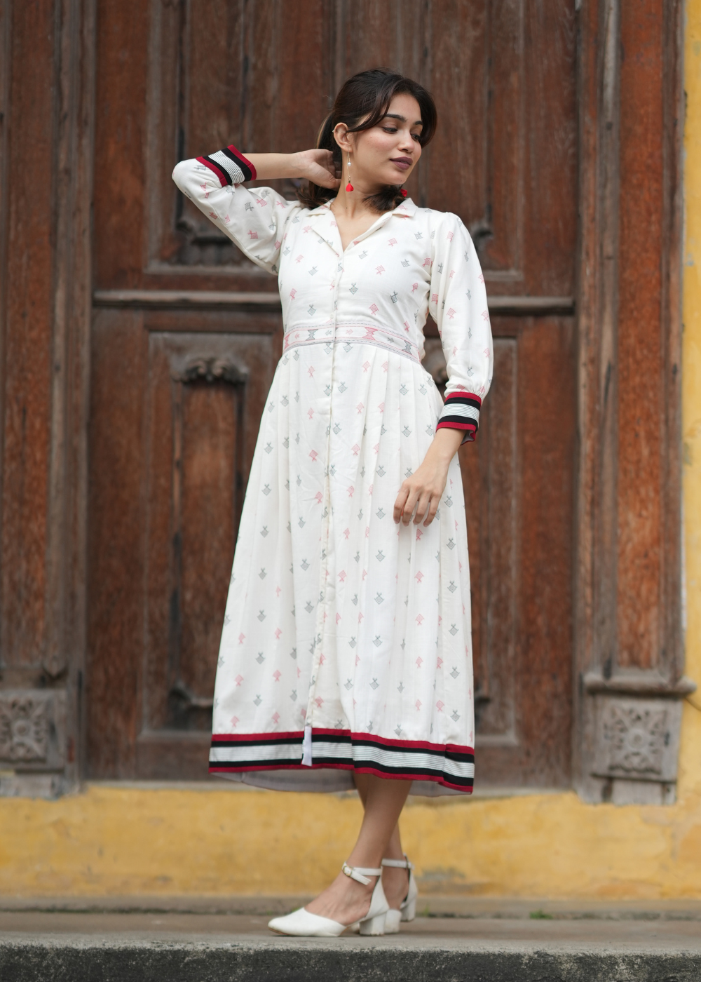 Creamy Ruby Co-Ord Set – Soft Elegance with a Touch of Regal Red