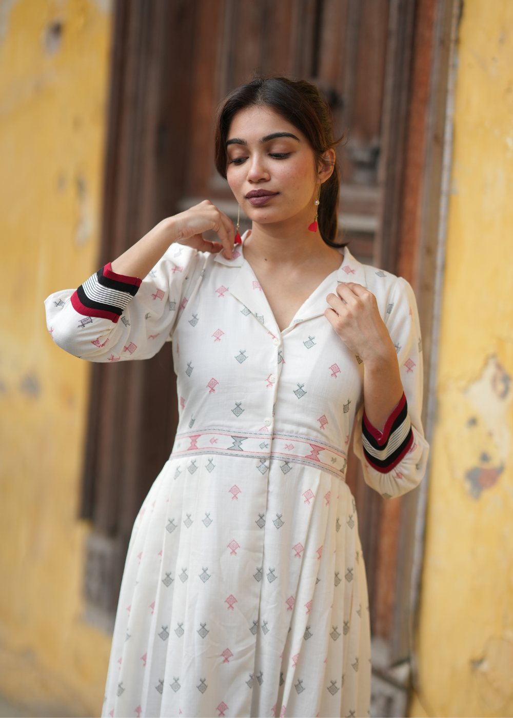 Creamy Ruby Co-Ord Set – Soft Elegance with a Touch of Regal Red