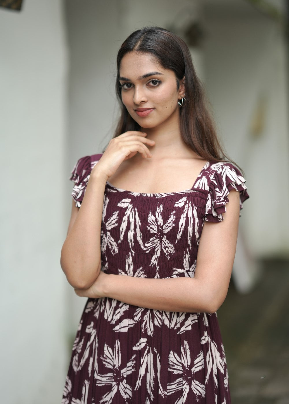 Maroon Bloomtrail – Flowing Floral Elegance with a Timeless Charm